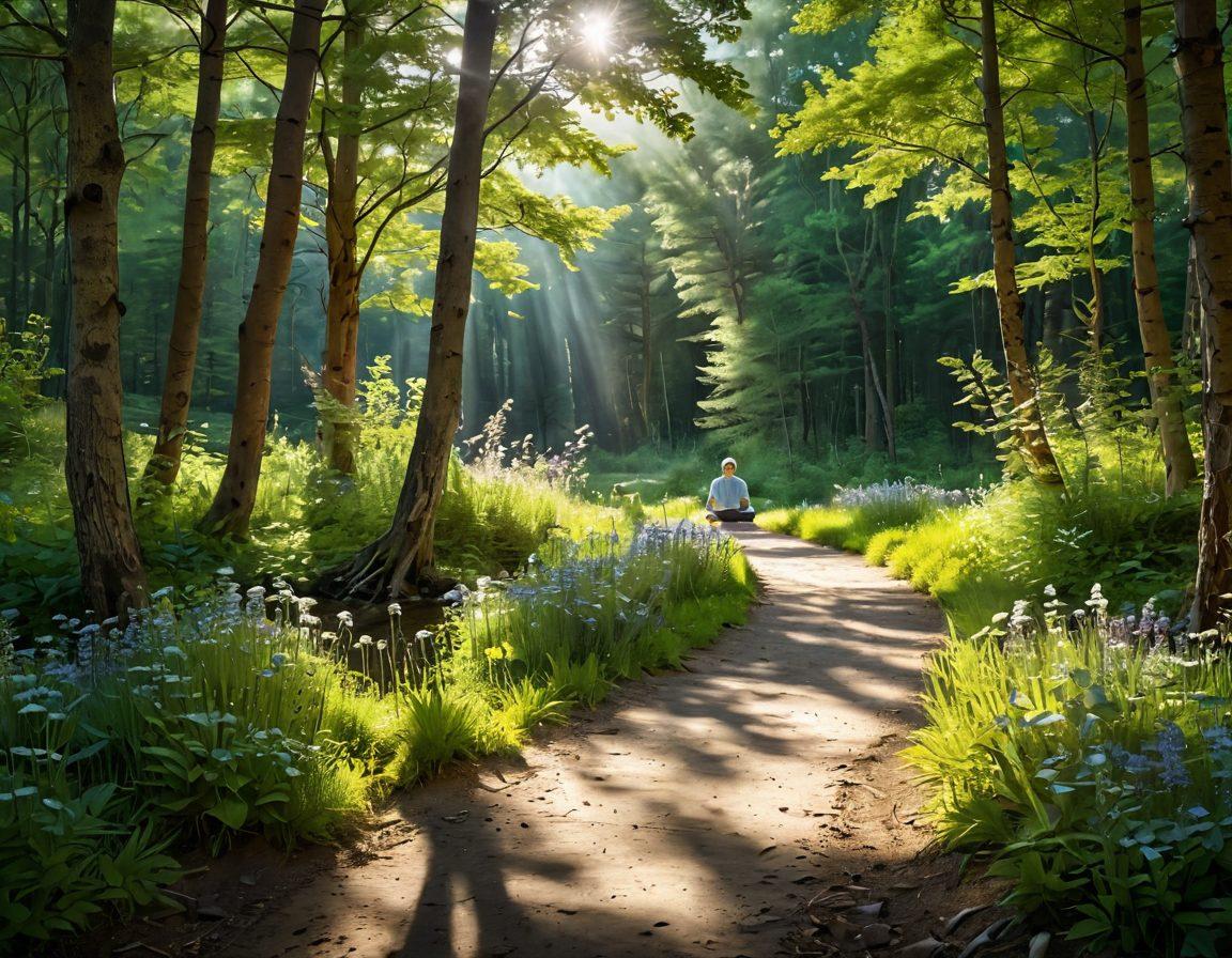 A serene forest scene with sunlight filtering through tall green trees, casting gentle shadows on a peaceful path. Include a person meditating on the path, surrounded by vibrant wildflowers and a small stream bubbling nearby. Birds are perched on branches, singing, while gentle beams of light create a tranquil ambiance. overall, the scene radiates positivity and calm. super-realistic. vibrant colors. natural lighting.