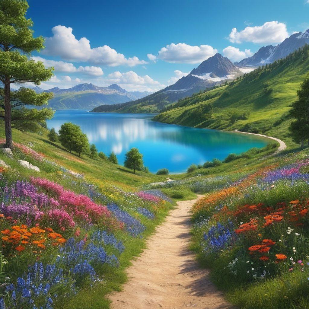 A serene landscape showcasing a vibrant playground of nature, featuring lush green hills, a sparkling blue lake, and colorful wildflowers. Include adventurous elements like trails for hiking, people joyfully biking, and families having picnics. Capture the essence of happiness and freedom under a bright blue sky with fluffy clouds. hyper-realistic. vibrant colors. 3D.