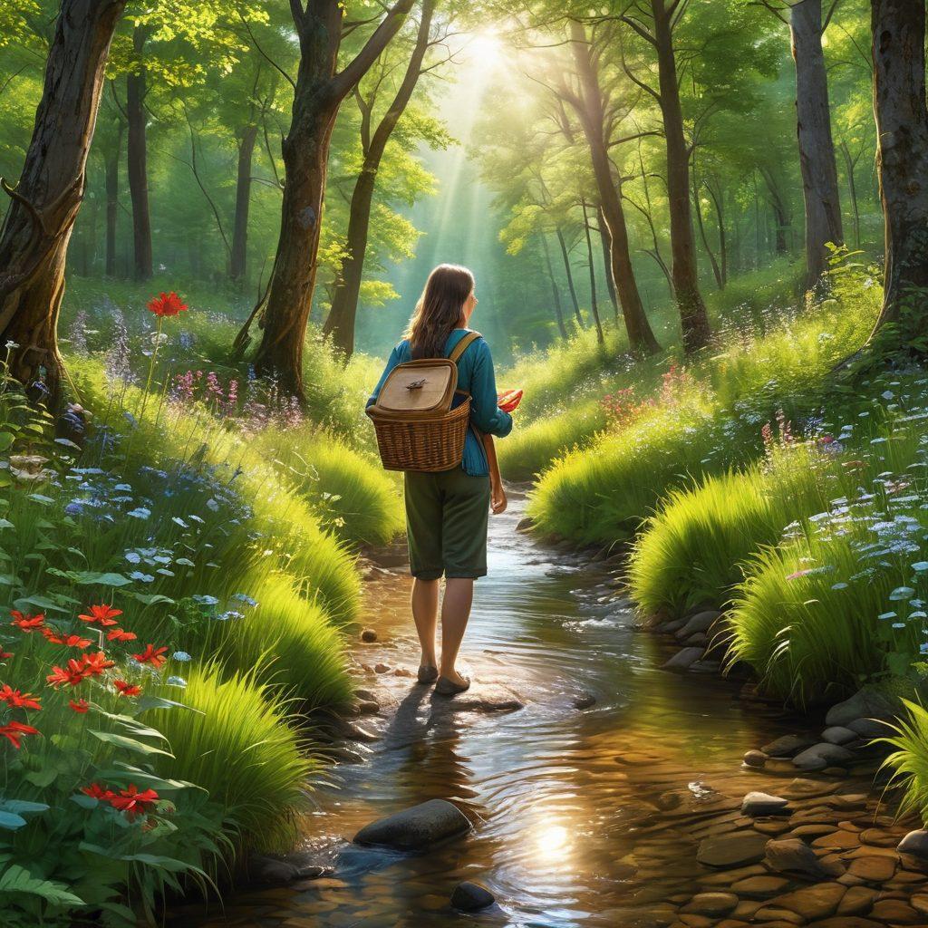 A serene landscape depicting a joyful adventurer exploring a lush green forest, sunlight filtering through the trees, a bubbling brook nearby, and wildflowers blooming in vibrant colors. The adventurer, smiling, holds a picnic basket, inviting others to share in the bliss. The sky above is clear with birds soaring, encapsulating the spirit of adventure and joy in nature. super-realistic. vibrant colors. 3D.